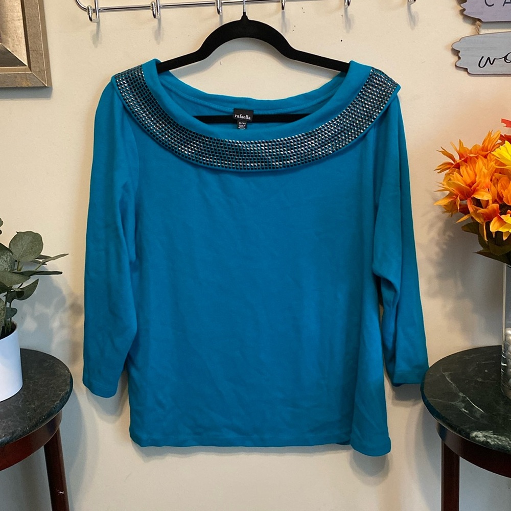 Rafaella Pullover Top w/Embellished Collar. 3/4 Sleeves. Teal Color. Sz XL.